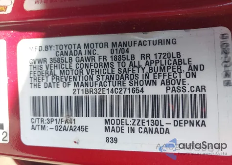 2004 Toyota Corolla Le z USA, uszkodzony, nr VIN 2T1BR32E14C271654